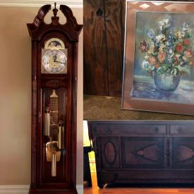 MaxSold Auction: This Online Auction Features Sofas, Antique Desk, Air Conditioners, Howard Miller 3-pendulum Grandfather Clock, Antique Carved Chest, and much much more.....